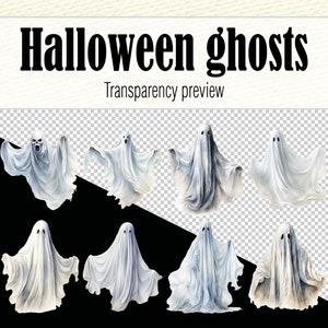 K&ouml;nnte beinhalten: Acht wei&szlig;e Geisterillustrationen in verschiedenen Posen, perfekt f&uuml;r Halloween-Dekorationen oder gruselige Designs.