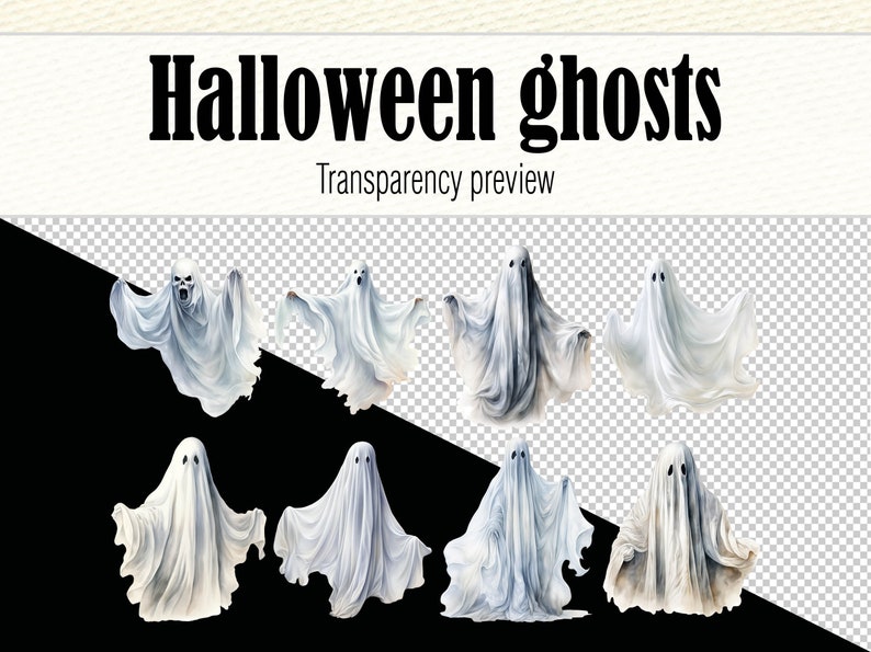 K&ouml;nnte beinhalten: Acht wei&szlig;e Geisterillustrationen in verschiedenen Posen, perfekt f&uuml;r Halloween-Dekorationen oder gruselige Designs.