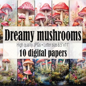 Fee Pilz Wald digitales Papier, Cottagecore Pilz Wallpaper Magic Mushroom Junk Journal Seiten, Fantasy Pilz digitale Kunst Ephemera