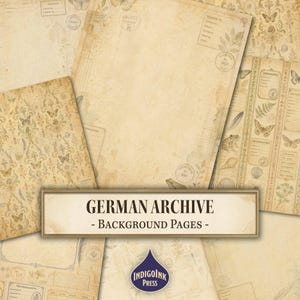 May include: A collection of vintage-style paper sheets featuring beige and sepia tones with botanical illustrations, butterflies, frogs, seashells, and archival document forms. The text GERMAN ARCHIVE - Background Pages is centred in a rectangular frame.