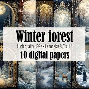 Vintage Winter digitales Papier, Winter Szene viktorianische Junk Journal Seiten, Winter Wunderland Wald Landschaft Scrapbooking Hintergrund