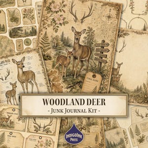 May include: A Woodland Deer junk journal kit featuring vintage-style paper sheets with illustrations of deer, fawns, antlers, pine trees, and floral elements. The collection includes tags, labels, and maps with text like Woodland Deer and Field Notes.
