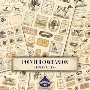 Puede incluir: Una colección de efímeros de papel de estilo vintage con perros braco alemán de pelo corto, collares, huellas y notas de campo. Las hojas incluyen varias etiquetas, sellos y rótulos con textos como Pointer Companion, Fussy Cuts y 1872.
