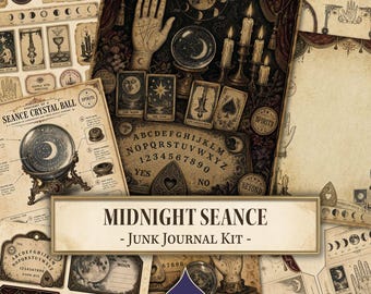 May include: A Midnight Seance junk journal kit featuring vintage-style paper sheets with occult illustrations, including crystal balls, tarot cards, moon phases, palmistry charts, and ouija boards in sepia and dark tones with ornate borders.