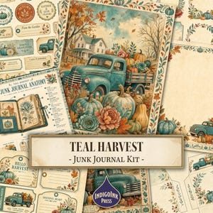 Puede incluir: Un kit de junk journal Teal Harvest que incluye una colección de efímeros de papel, con etiquetas, tarjetas y páginas decoradas con camiones vintage color verde azulado, calabazas, follaje otoñal y motivos florales, con el texto Teal Harvest Junk Journal Kit.
