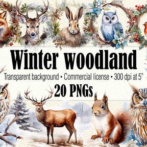 Animaux de la forêt d'hiver, mariage au pays des merveilles d'hiver à l'aquarelle, art de la forêt d'hiver, scène d'hiver Clipart, écureuil de renard de cerf de forêt d'hiver