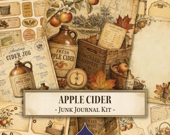 May include: A junk journal kit featuring apple cider themes with vintage illustrations of jugs, apple trees, harvest crates, and autumn leaves. The design includes text such as Anatomy of a Cider Jug, Orchard Harvest, and Apple Cider - Junk Journal Kit.