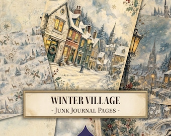 Junk-Journal-Seiten mit Winterdorf-Motiv, Winterlandschaft, Weihnachtstagebuch, Junk-Journal-Vorlage zum Ausdrucken, Digitaler Download, Scrapbook-Papier