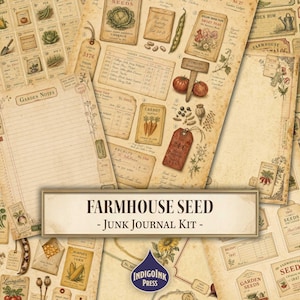 May include: A collection of vintage-style paper ephemera with botanical illustrations and seed packet designs. The text "FARMHOUSE SEED - JUNK JOURNAL KIT" is displayed on a banner. Various seed packets and garden-themed notes are scattered across the image.