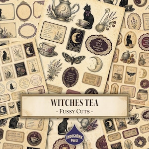 May include: A collection of vintage-style paper stickers featuring illustrations of black cats, teapots, teacups, moons, moths, lavender, and tarot cards. The sheet includes various rectangular and oval labels with text such as Witches Tea, Spell Tea, and Tea & Tell Fortunes.