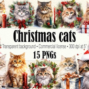 Christmas Cat Clipart, Cat Christmas PNG, Meowy Christmas Ephemera, Watercolor Christmas Clipart, Cozy Winter Clipart For Commercial Use