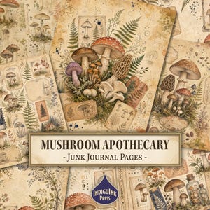 Puede incluir: Una colección de hojas de papel de estilo vintage con ilustraciones botánicas de varios hongos, helechos y follaje sobre un fondo tipo pergamino. El texto MUSHROOM APOTHECARY - JUNK JOURNAL PAGES - está centrado en un marco rectangular.