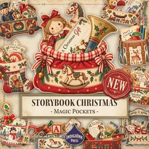 May include: A collection of vintage-style Christmas-themed paper cutouts featuring a central red gift bag with a rocking horse, a doll, and a trumpet. Includes various holiday motifs like stockings, trains, and toys with the text Storybook Christmas - Magic Pockets.