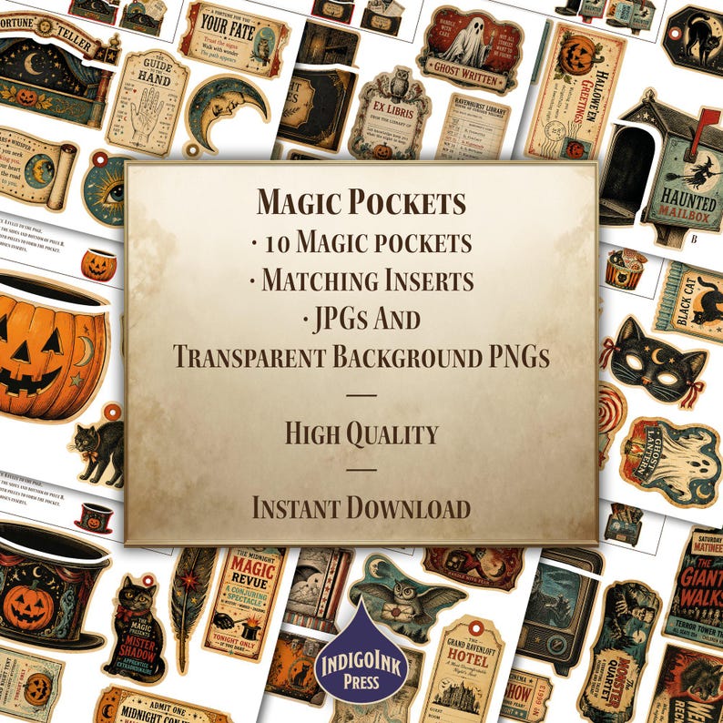 Retro Frights Magic Pockets, Vintage Halloween Junk Journal Kit, Printable Ephemera, Journal Pockets, Digital Download image 5
