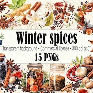 Imágenes Prediseñadas de especias de invierno de acuarela, imágenes prediseñadas de otoño PNG, especias de calabaza PNG, imágenes prediseñadas de cocina, imágenes prediseñadas de invierno acogedor para uso comercial