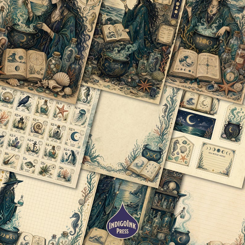 Sea Witch Junk Journal Kit, Grimoirepagina's, Heksenjournal, Apothekersdagboek, Botanische efemera, Spreukenboek, Printbare digitale download afbeelding 2
