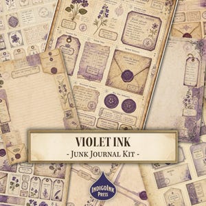 May include: A junk journal kit titled VIOLET INK featuring vintage-style paper sheets with botanical illustrations of violets, wax seal impressions, archive envelopes, ledger strips, specimen labels, and manuscript fragments in shades of purple and cream.