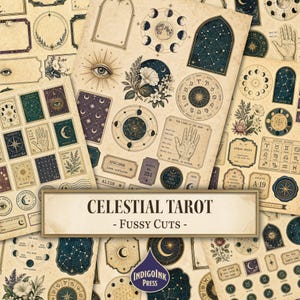 May include: A collection of celestial-themed paper ephemera featuring vintage-style illustrations of moon phases, zodiac wheels, constellations, palmistry charts, and botanical elements on aged parchment paper with the text CELESTIAL TAROT - FUSSY CUTS.