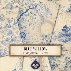 Blue Willow Junk Journal Pages, Chinoiserie Paper, Blue and White Botanical, Porcelain Journal, Junk Journal Printable, Digital Download