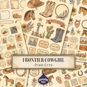 Frontier Cowgirl Fussy Cuts, Cowgirl, Cowgirl Ephemera, Cowgirl Hat, Cowgirl Journal, Frontier Scenes, Printable Ephemera, Digital Download image 1