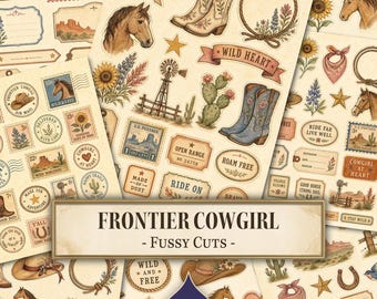 Frontier Cowgirl Fussy Cuts, Cowgirl, Cowgirl Ephemera, Cowgirl Hat, Cowgirl Journal, Frontier Scenes, Printable Ephemera, Digital Download