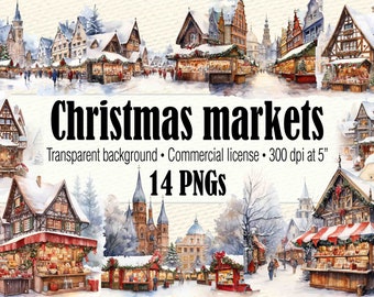 Christmas Scene Clipart, German Christmas Market, Christmas Village Christmas Shopping, Snow Scene Clipart Watercolor Winter Village Clipart