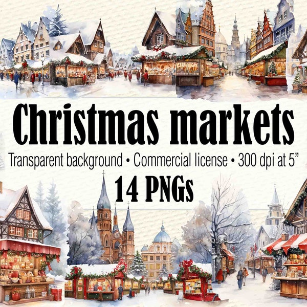 Weihnachtsszene Clipart, Deutscher Weihnachtsmarkt, Weihnachtsdorf Weihnachtseinkauf, Schnee Szene Clipart Aquarell Winterdorf Clipart