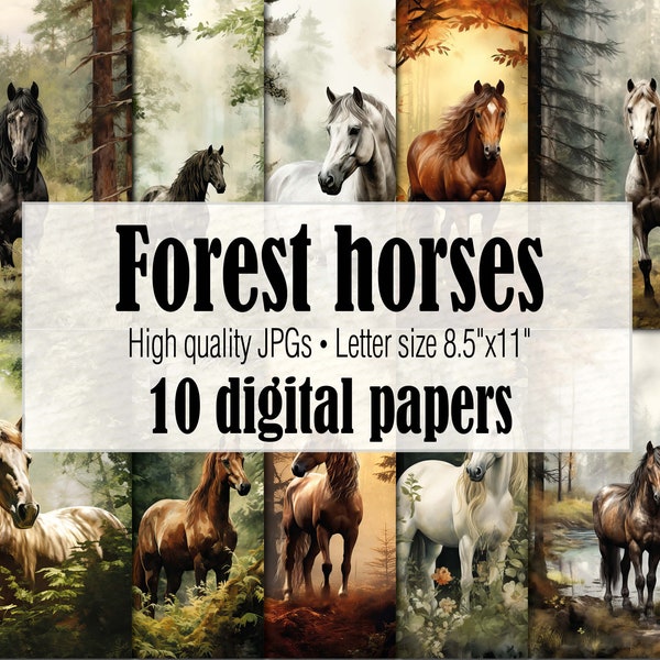 Wild Horse Digital Paper, Horse Diary Forest Junk Journal Pages, Horse Picture Portrait Printable Art, Horse Lover Equestrian Journal