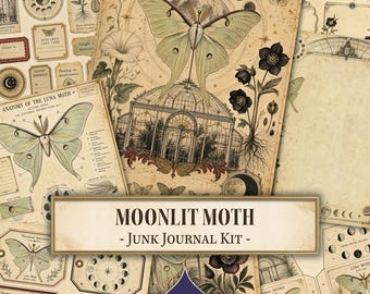 May include: A Moonlit Moth junk journal kit featuring vintage-style paper sheets with illustrations of luna moths, botanical flowers, moon phases, and a greenhouse. The collection includes various labels, tags, and diagrams with aged parchment textures.