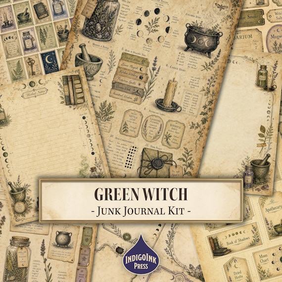 Green Witch Junk Journal Kit, Book of Shadows, Apothecary Botanical Journal, Witch Ephemera, Spell Jars, Printable Digital Download