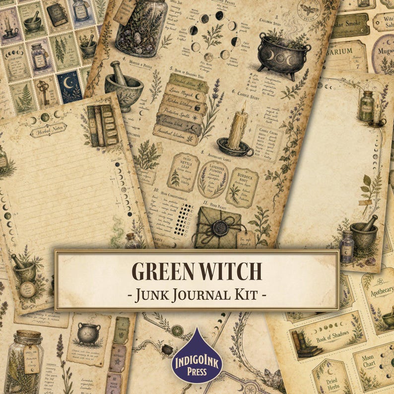 Green Witch Junk Journal Kit, Book of Shadows, Apothecary Botanical Journal, Witch Ephemera, Spell Jars, Printable Digital Download image 1