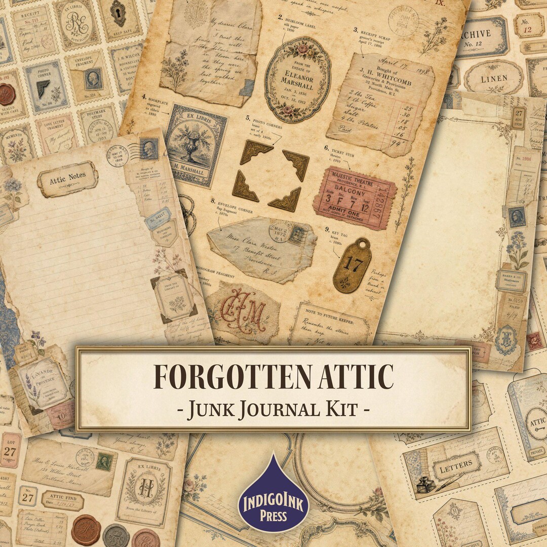 Forgotten Attic Junk Journal Kit, Vintage Heirloom Ephemera, Bookplates ...