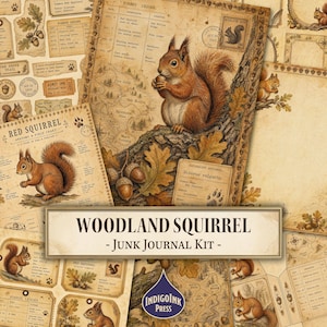 May include: A Woodland Squirrel junk journal kit featuring vintage-style paper ephemera with illustrations of red squirrels, oak leaves, acorns, forest maps, and field charts. The collection includes aged parchment textures and text labels like Forest Ledger.