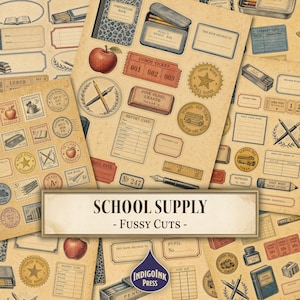Può includere: Una collezione di ritagli di carta in stile vintage con illustrazioni di quaderni, matite, gomme, pagelle, buoni pasto e scuolabus su sfondo beige con il testo SCHOOL SUPPLY - FUSSY CUTS.