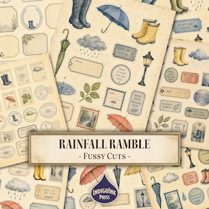 May include: A collection of paper ephemera featuring illustrations of rain-themed items including blue and yellow rain boots, umbrellas in various colors, rain clouds, street lamps, leaves, and labels with text like Rainfall Ramble.