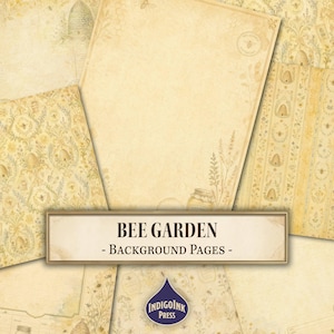 Peut inclure: Une collection de feuilles de papier crème et jaune avec des illustrations d'abeilles, de ruches et de fleurs. Le texte BEE GARDEN - BACKGROUND PAGES est centré dans un cadre rectangulaire. Un logo goutte bleu affiche INDIGOINK PRESS.