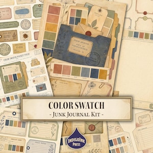 May include: A junk journal kit featuring vintage-style paper ephemera, color swatch cards, file folders, and envelopes with botanical illustrations and stamps. The collection includes various labels, tags, and note cards with text like Color Archive and Color Swatch - Junk Journal Kit, presented in a muted, earthy color palette.