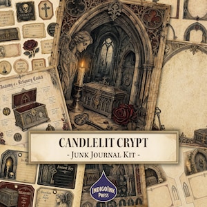Può includere: Un kit per junk journal intitolato CANDLELIT CRYPT con immagini gotiche di un angelo, una cripta in pietra, una candela accesa e rose rosse. Il kit include vari elementi cartacei, etichette e diagrammi di un reliquiario in toni seppia.