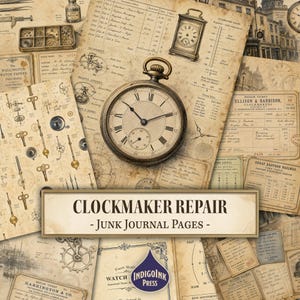 May include: A collection of vintage-style paper sheets featuring clockmaker repair themes, including technical diagrams, watch parts, and antique clock faces. A central pocket watch illustration sits atop text reading CLOCKMAKER REPAIR - JUNK JOURNAL PAGES.
