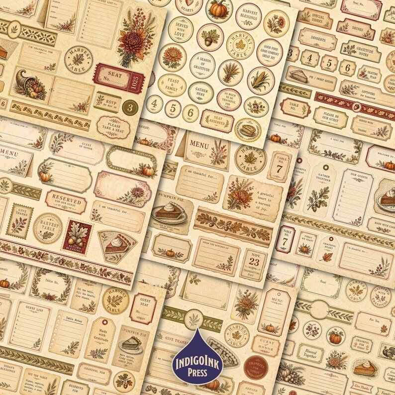 Thanksgiving Table Fussy Cuts, Thanksgiving Menu, Harvest Table, Place Cards, Menu Card, Antique Brass, Printable Ephemera, Digital Download image 4