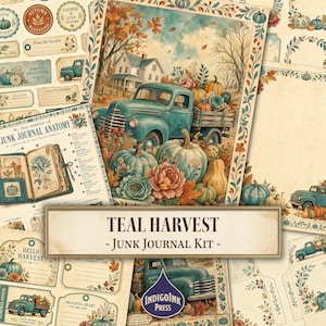 May include: A junk journal kit titled Teal Harvest featuring various paper sheets with illustrations of teal vintage trucks, pumpkins, autumn foliage, and floral elements. The collection includes labels, tags, and instructional pages with text.
