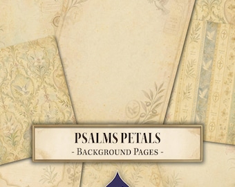 May include: A collection of vintage-style stationery pages featuring cream-colored paper with faded floral patterns, olive branches, and doves. The text PSALMS PETALS - BACKGROUND PAGES - is centered in a rectangular frame over the designs.