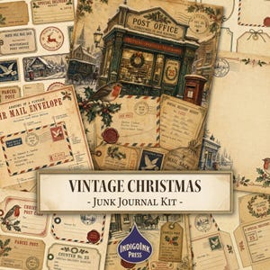 Vintage Christmas Junk Journal Kit, Christmas Ephemera, Wax Seal, Postage Stamp, Holiday Postcards, Kraft Paper, Printable Digital Download