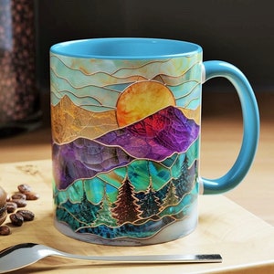 ステンドグラスの山のマグカップ 水彩画の夕日 陶器のコーヒーカップ 11オンスまたは15オンス