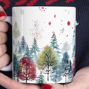 Watercolor Winter Tree Mug – Colorful Forest Coffee Cup, Snowy Holiday Mug, 15oz Ceramic Christmas Gift, Nature Lover Winter Decor