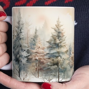 Winter Trees Mug Ceramic Pine Trees Coffee Mug Winter Evergreen Forest Tea Mug Watercolor Winter Trees Cup Winter Forest Print Mug Gift 11oz