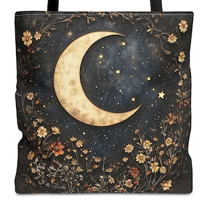 Celestial Moon and Wildflowers Tote Bag Boho Starry Night Canvas Bag Gothic Cottagecore Design