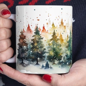 Evergreen Christmas Mug 11oz Winter Pine Tree Cup Abstract Snowy Forest Gift Holiday Home Decor