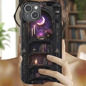 Moonlit Gothic Library Phone Case Celestial Candle Bookshelf Art iPhone Samsung Dark Academia