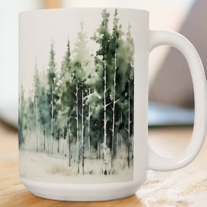Watercolor Forest Mug: Minimalist Pine Tree Coffee Cup - 15oz